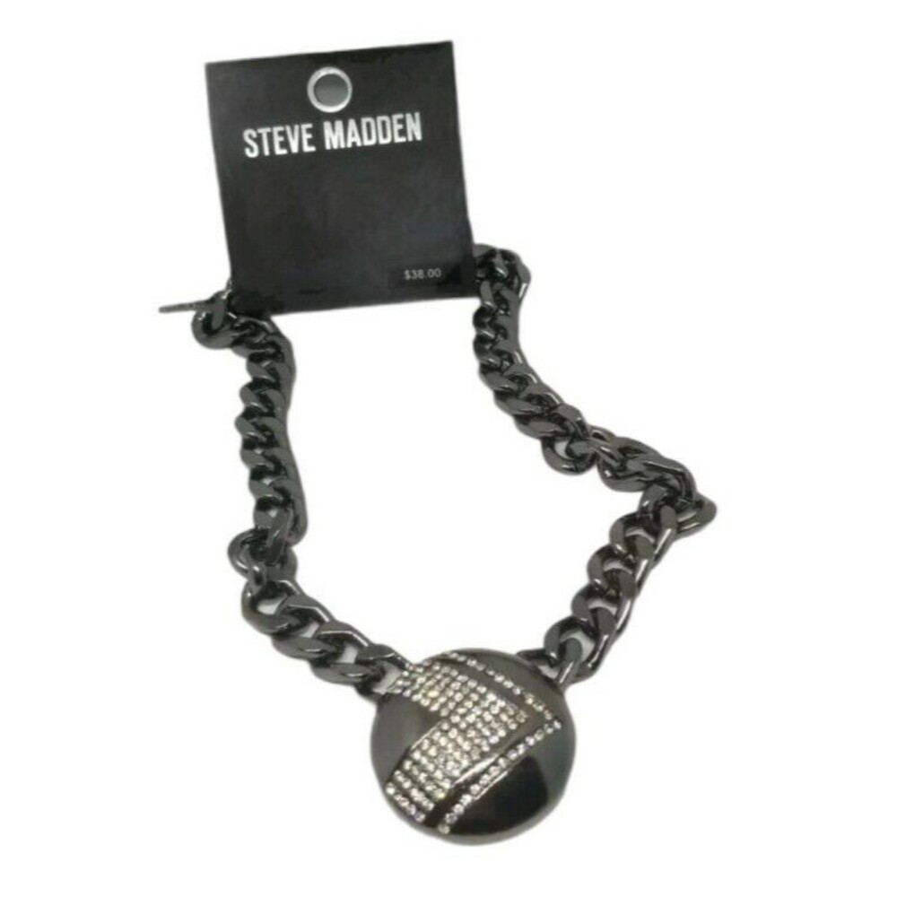 Steve Madden Chunky Necklace Gun Metal Grey Rhinestone Chevron Disk Pendant NWT